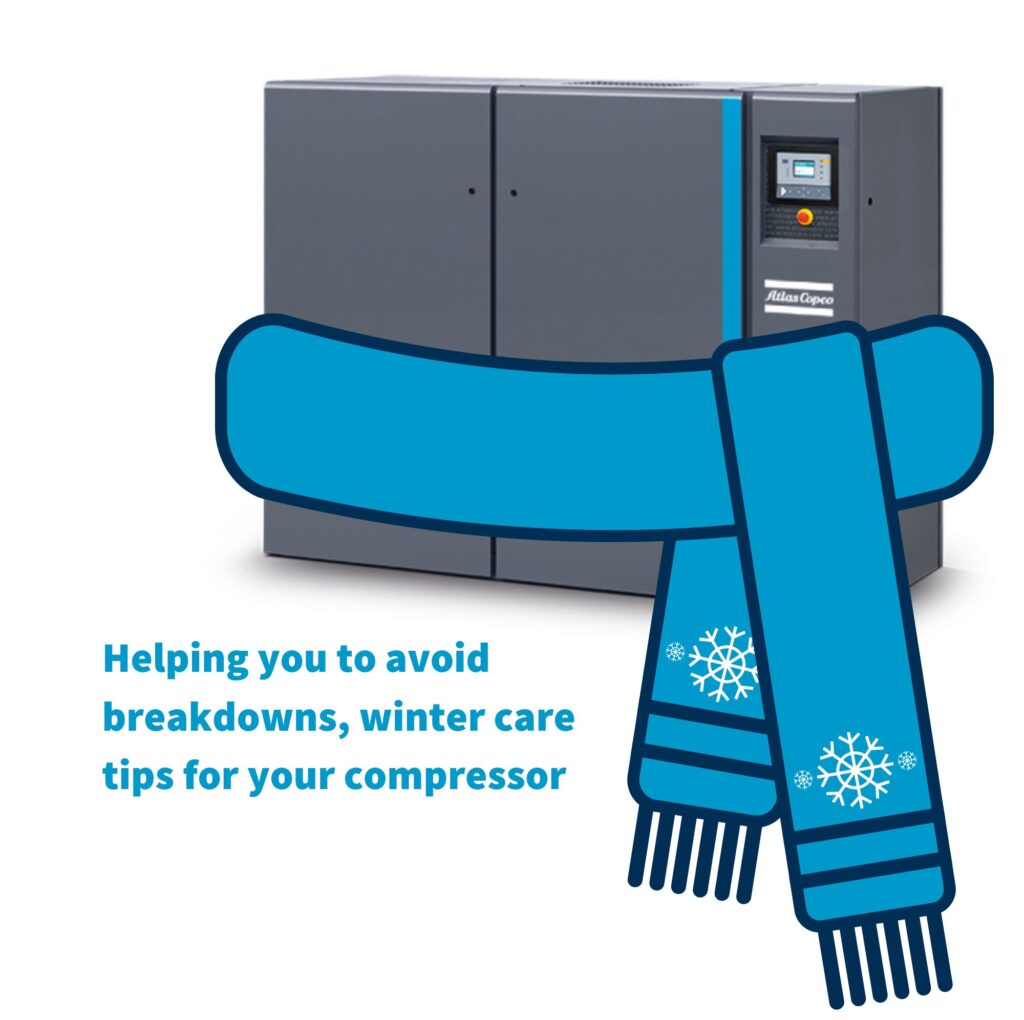 this is a picture of an Atlas Copco ZR 55 VSD FF compressor with a blue Atlac Copco scarf to help it during the winter months. The text on the image reads: Helping you avoid breakdowns, winter care tips for your compressor.